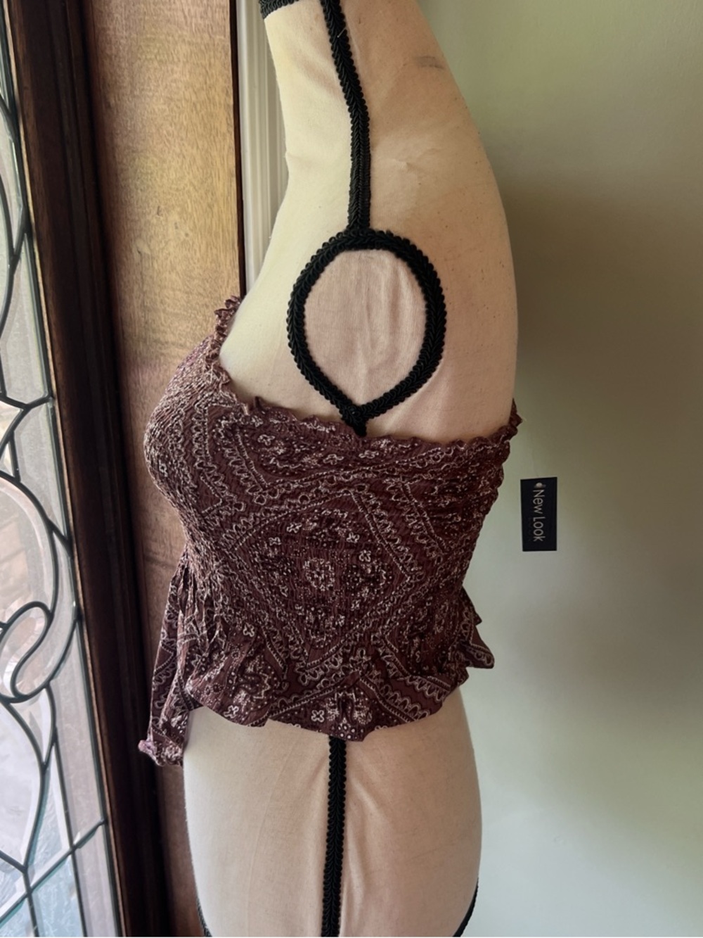 New Look Brown Smocked Strapless Top with Bandana Print - Picture 3 of 8